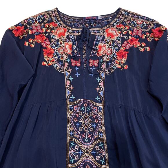 Johnny Was Embroidered Tunic | Navy Boho Folk Top, Romantic Kimono Sleeves Rayon - Picture 11 of 11